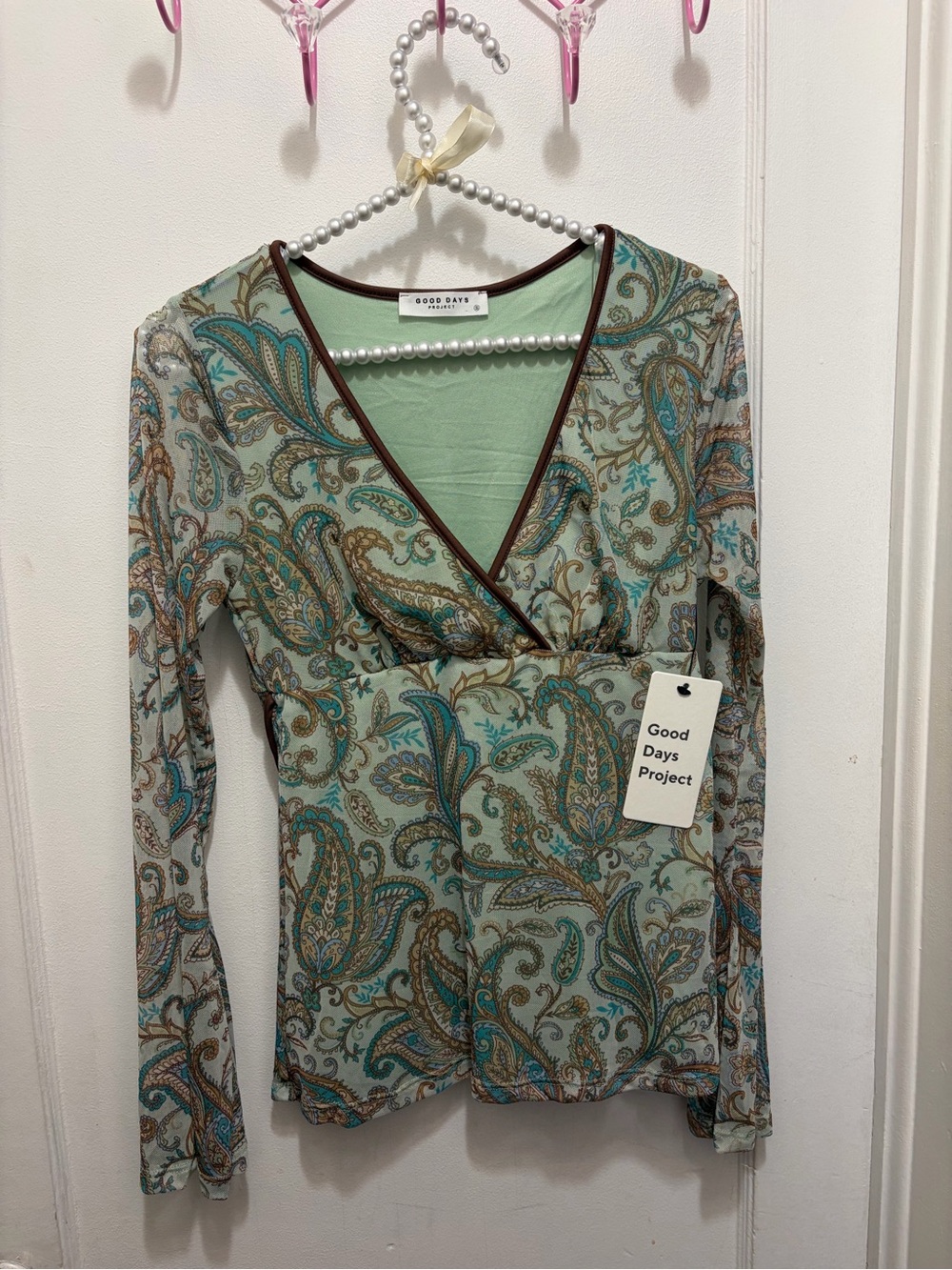 Good Days Project green paisley long sleeve top with tie detail Size S